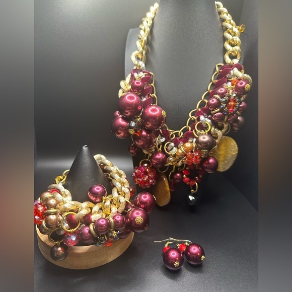 Festive Holiday Statement Coord Set Chunky Heavy Aurora Borealis Ribbon Burgundy - Picture 11 of 16